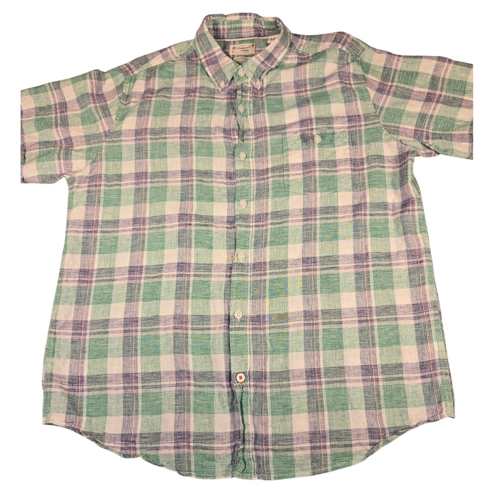 Weatherproof Vintage Mens XL Green Plaid Linen Blend Short Sleeve Button Down